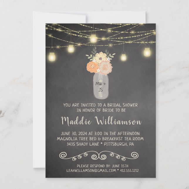 Rustic Bridal Shower Mason Jar Lights Floral Photo Invitation (Front)