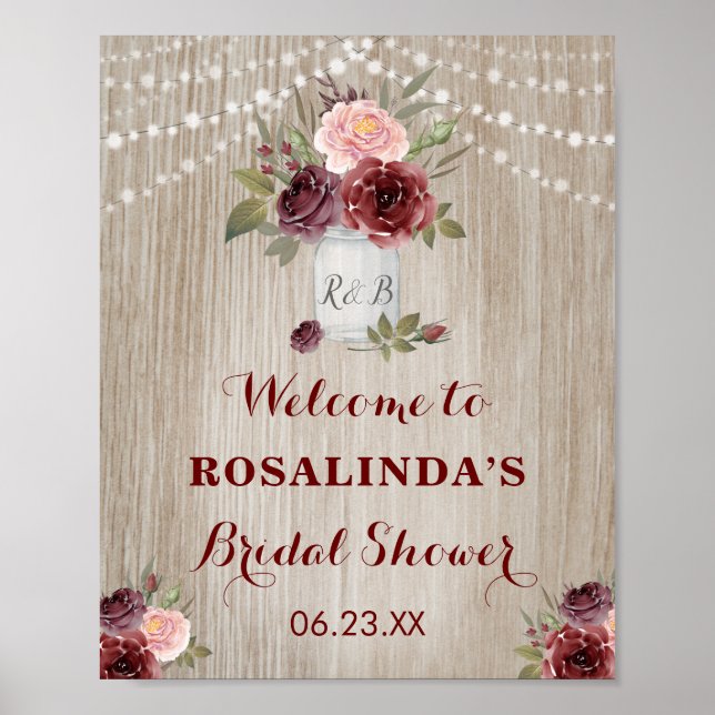 Rustic Bridal Shower Red Floral Wood Background Po Poster (Front)