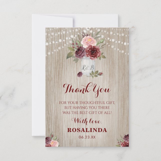 Rustic Bridal Shower Red Floral Wood Background Thank You Card (Front)