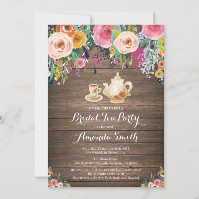 Rustic Bridal Shower Tea Party Invitation Floral (Front)