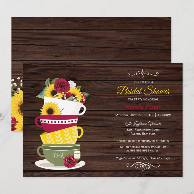 Rustic Bridal Shower Tea Party Roses & Sunflowers Invitation (Front/Back)