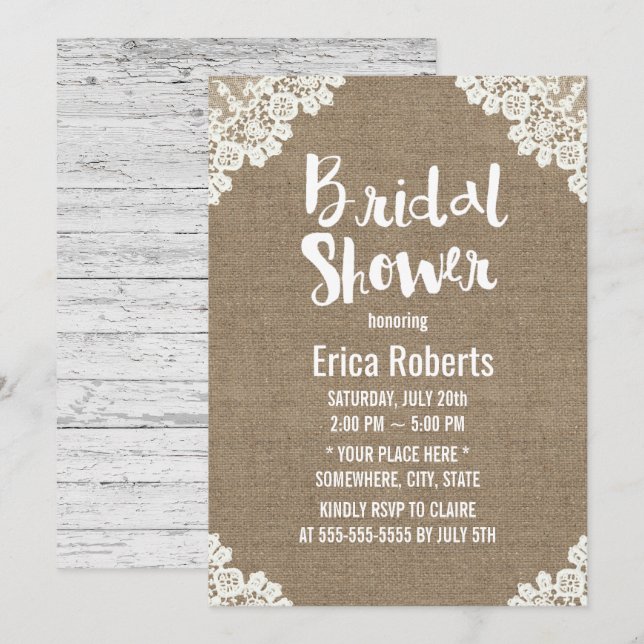 Rustic Bridal Shower Vintage White Laced Burlap Invitation (Front/Back)