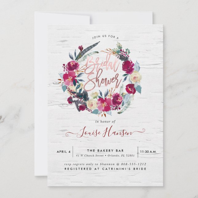 Rustic Bridal Shower, Watercolor Burgundy Wreath Invitation (Front)