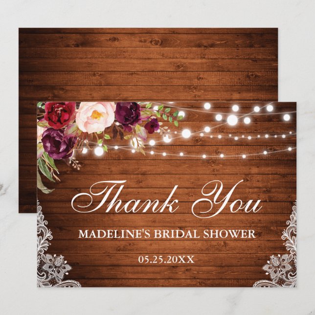 Rustic Bridal Shower Wood Lace Floral Thanks Invitation (Front/Back)