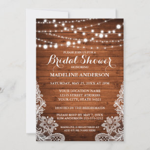 Rustic Bridal Shower Wood String Lights Lace Invitation