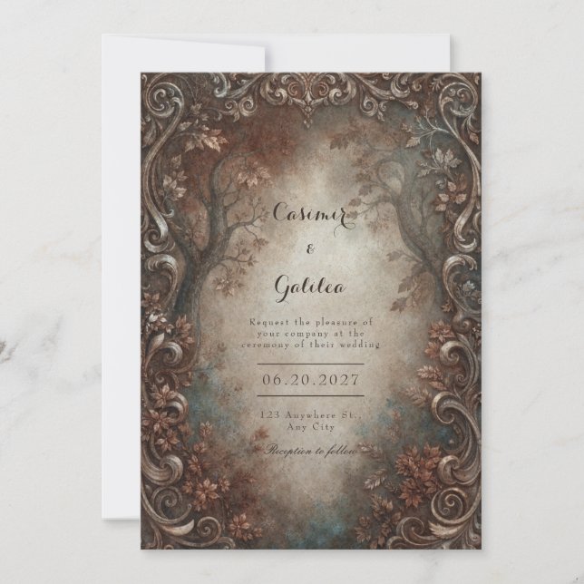 Rustic Bronze Filigree Autumn Forest Wedding Invitation (Front)