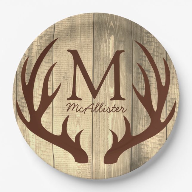 Rustic Brow Deer Antlers Antique Wood Paper Plate (Front)