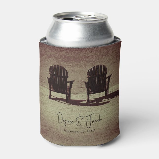 Rustic Brown Adirondack Beach Chairs Wedding Can Cooler (Can Front)