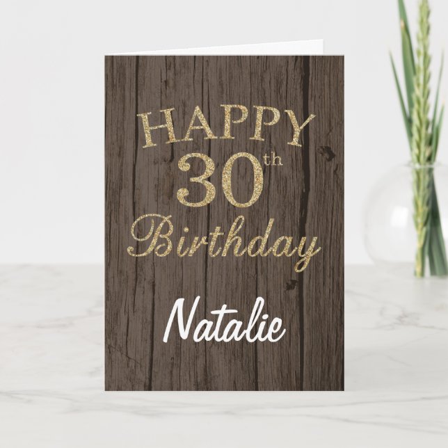 Rustic Brown and Gold Glitter 30th Birthday Card (Front)