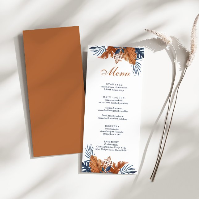 Rustic Brown and Midnight Blue Monstera Menu Card (Rustic Brown and Midnight Blue Monstera Menu Card on a sunny white table with a dry wildflower.)