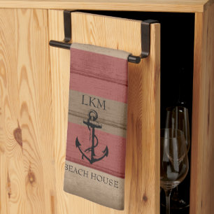 Rustic Brown and Red Wood Nautical - Monogram Tea Towel