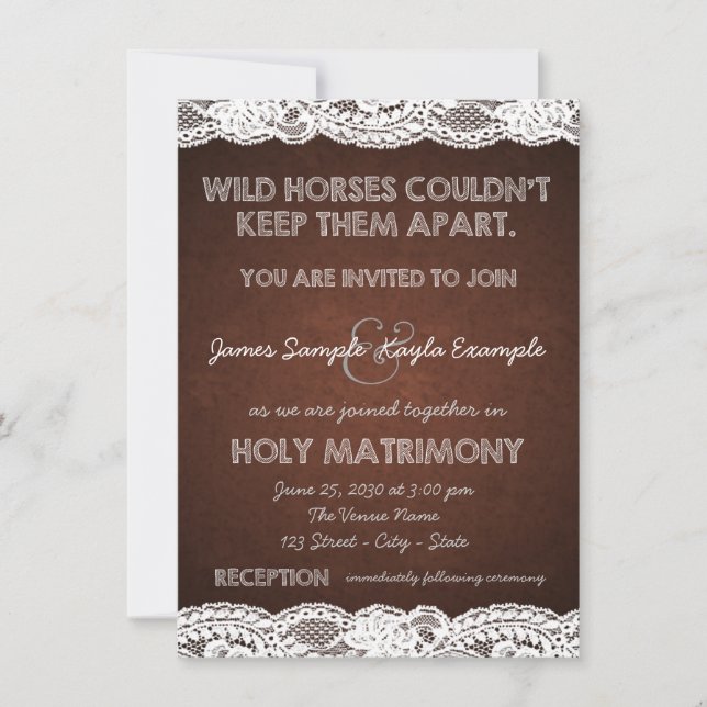 Rustic Brown and White Lace Country Wedding Invitation (Front)