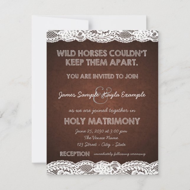 Rustic Brown and White Lace Country Wedding Invitation (Front)