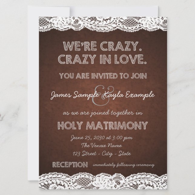 Rustic Brown and White Lace Wedding Invitation (Front)