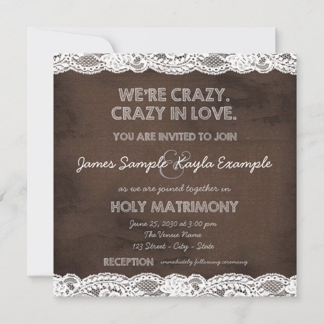 Rustic Brown and White Lace Wedding Invitation (Front)
