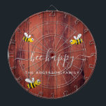 Rustic brown barn wood bee happy bumble bees dartboard<br><div class="desc">Decorated with happy,  smiling yellow and black  bumble bees. A classic wooden rustic brown barn wall as background. White hand lettered script and the text: Bee Happy.  Personalise and add your family name.</div>