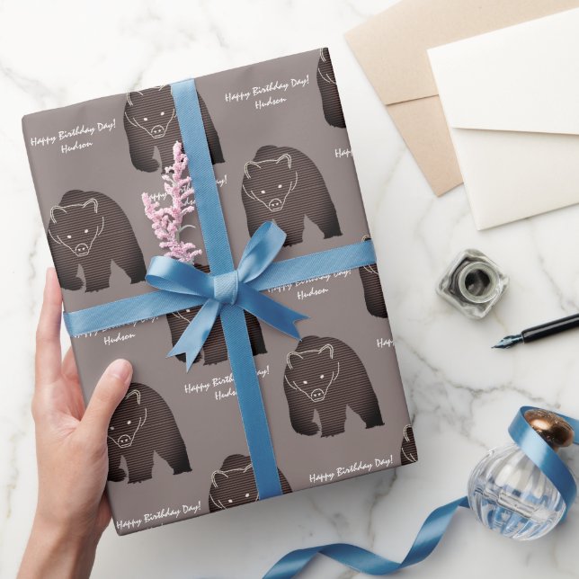  Rustic Brown Bear Hunt Birthday Custom Message   Wrapping Paper (Gifting)