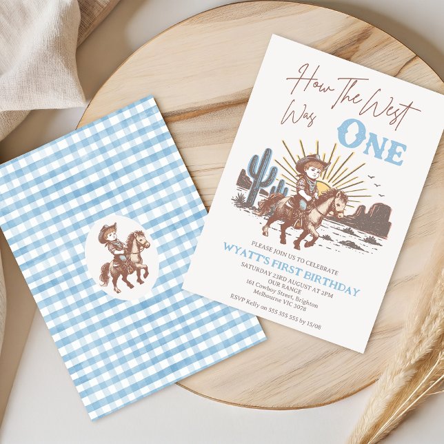 Rustic Brown Blue How West Was One 1st Birthday Invitation (Little Cowboy How The West was One 1st Birthday Invitation Template, Western 1st Birthday Invitation)