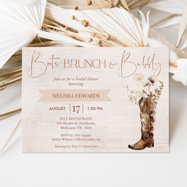 Rustic Brown Boot Brunch Bubbly Bridal Shower Invitation (Rustic Boot Brunch Bridal Shower Invitation Template, Floral Cowgirl Boot Bridal Shower Invitation)
