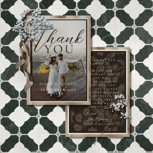 Rustic Brown Botanical Pattern Photo Wedding Thank You Card (Thank your guests for celebrating your big day with this Rustic Brown Photo Thank You Card!)