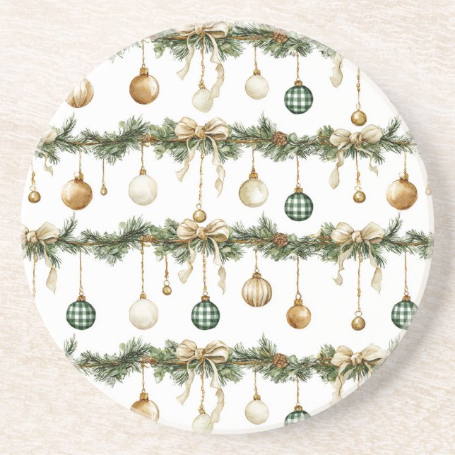 Rustic Brown Bows Cream Green Christmas   Coaster (Front)