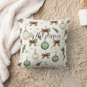 Rustic Brown Bows Cream Green Christmas Cushion