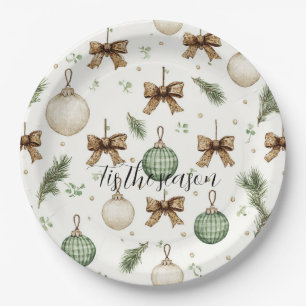 Rustic Brown Bows Cream Green Christmas   Paper Plate