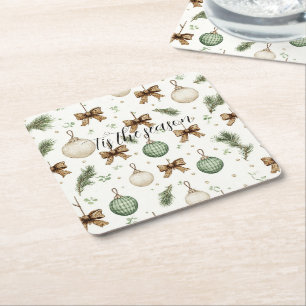 Rustic Brown Bows Cream Green Christmas   Square Paper Coaster