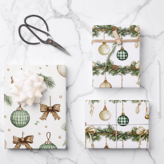 Rustic Brown Bows Cream Green Christmas   Wrapping Paper Sheet (Front)
