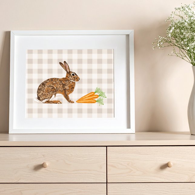 Rustic Brown Bunny And Carrots On Beige Gingham Poster (Disclaimer: This image is a digital mockup.)