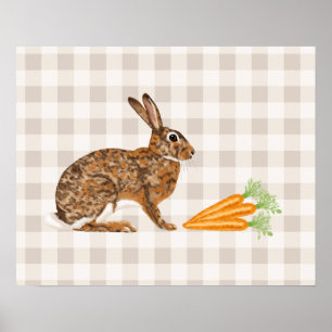 Rustic Brown Bunny And Carrots On Beige Gingham Poster
