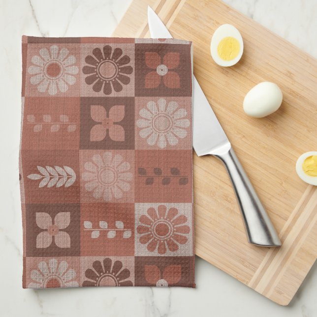 Rustic Brown Burlap Flowers Leaves Kitchen Towel (Quarter Fold)