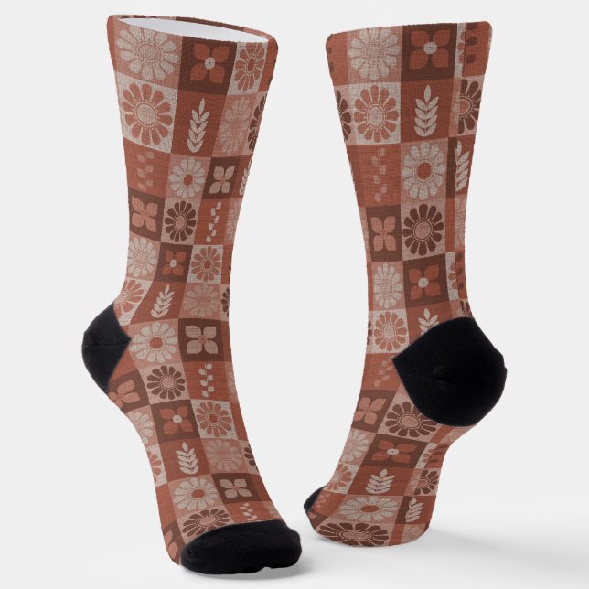 Rustic Brown Burlap Flowers Leaves Pattern Socks (Angled)