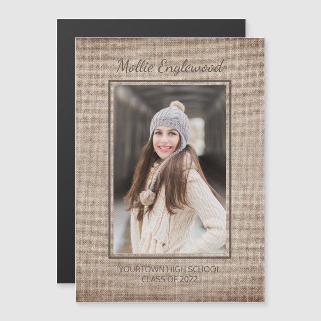 Rustic Brown Burlap Linen Graduation Announcement  (Front/Back)