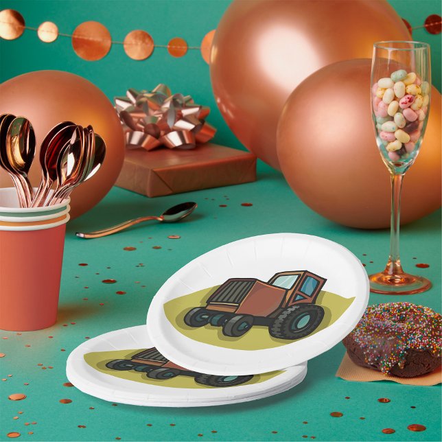 Rustic Brown Cartoon Tractor Farm Vehicle Paper Plate (Creator Uploaded)