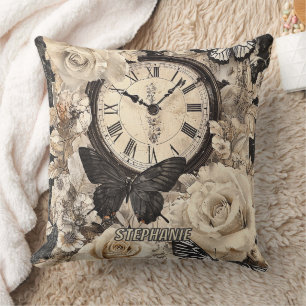 Rustic Brown Compass Butterfly Botanical Cushion