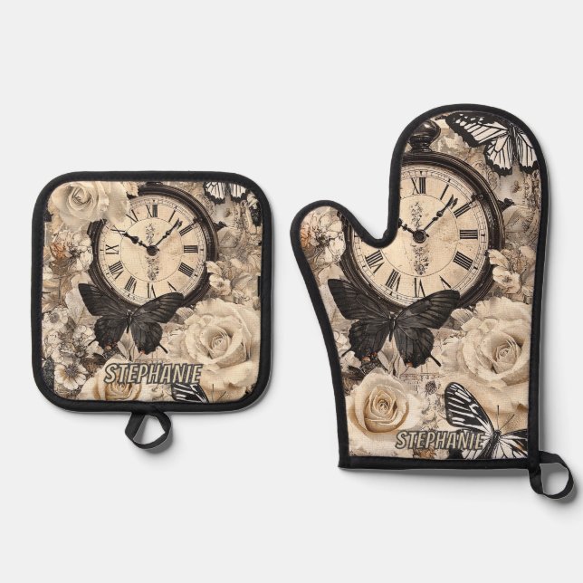 Rustic Brown Compass Butterfly Botanical Oven Mitt & Pot Holder Set (Front)