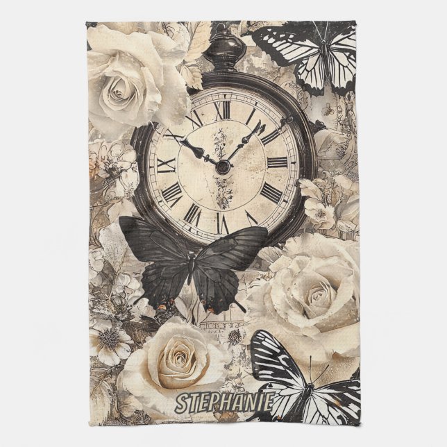 Rustic Brown Compass Butterfly Botanical Tea Towel (Vertical)