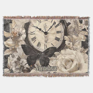 Rustic Brown Compass Butterfly Botanical Throw Blanket