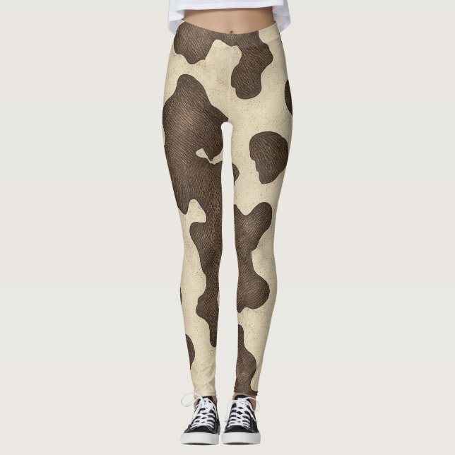 Rustic Brown Cow Print Country Western Rodeo Leggings (Front)