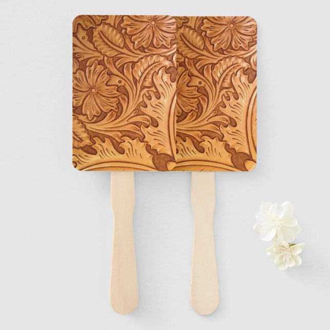 Rustic brown cowboy fashion western leather hand fan (Front and Back)