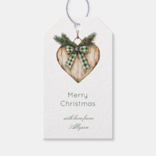 Rustic Brown Cream Green Heart Bow Christmas Gift Tags