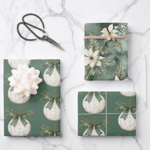 Rustic Brown Cream Green Ornament Christmas Wrapping Paper Sheet