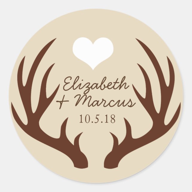 Rustic Brown Deer Antlers Couple's Names Classic Round Sticker (Front)