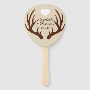 Rustic Brown Deer Antlers Couple's Names Hand Fan