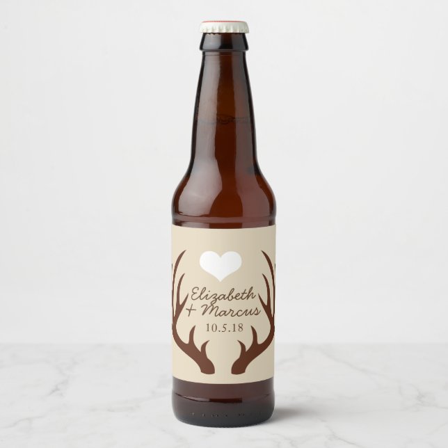 Rustic Brown Deer Antlers Couple's Names Wedding Beer Bottle Label (Front)