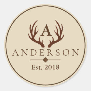 Rustic Brown Deer Antlers & Family Name Classic Round Sticker