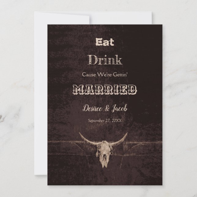 Rustic Brown Eat Drink Married Bull Skull Announcement (Front)