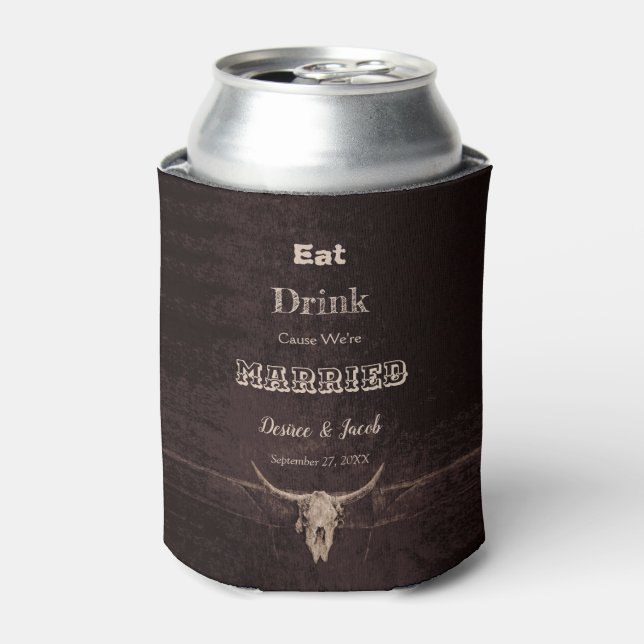 Rustic Brown Eat Drink Married Western Bull Skull Can Cooler (Can Front)