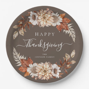 Rustic Brown Fall Floral Happy Thanksgiving Paper Plate